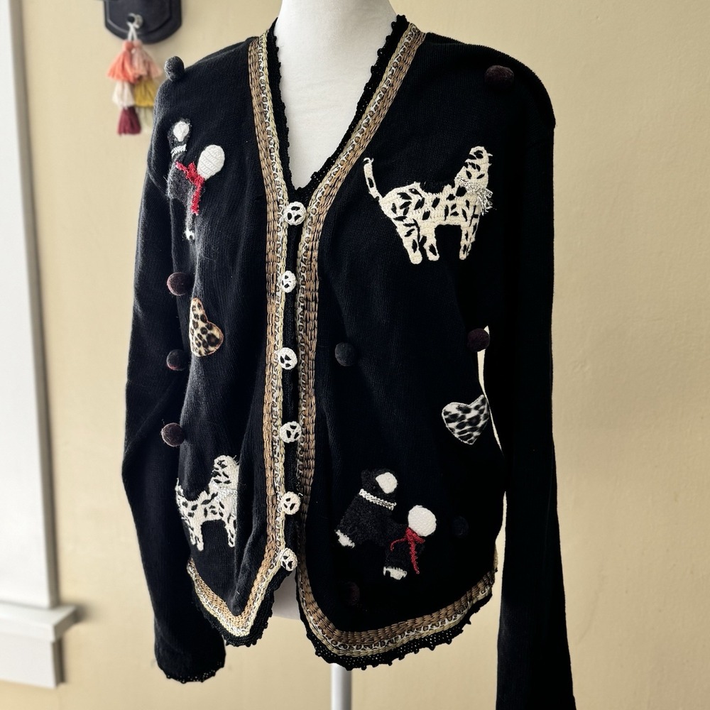 VTG Victoria Harbour Women's Novelty Dog Lover Black Med Embroidery Cardigan Y2K